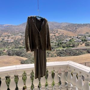 Green Gold Dotted summer dress with Green Cardigan Sweater Laced w/Gold Foil. 🍏